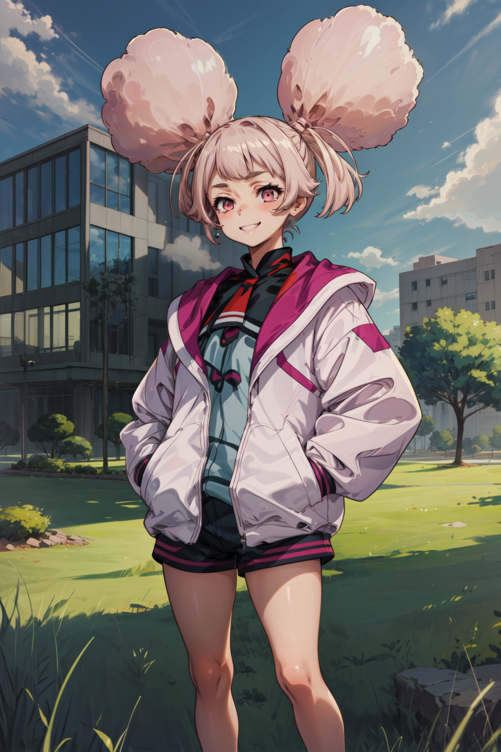 masterpiece,best quality,1girl,chuatury panlunch,full body,chuchu jacket,puffy long sleeves,shorts,hands in pockets,smile,...